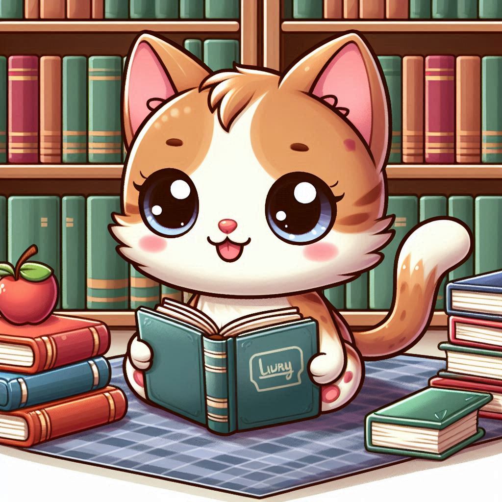 Cat reading a book in a library.